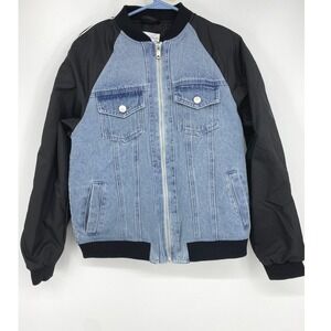 Avec Les Filles Womens Mixed Media‎ Denim Bomber Jacket Size XS